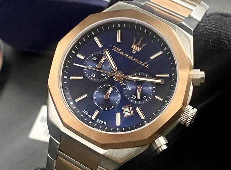 Maserati Stile Chronograph Blue Dial Rose Gold Two Tone Strap Watch For Men - R8873642002 Watches Maserati   