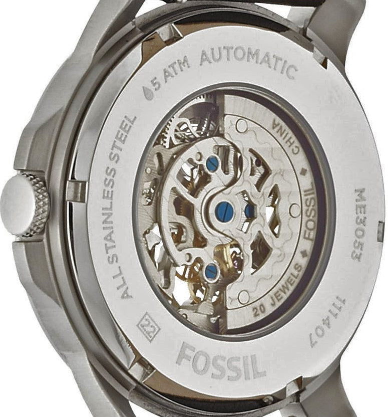 Fossil Grant Skeleton White Dial Black Leather Strap Watch for Men -  ME3053 Watches Fossil   