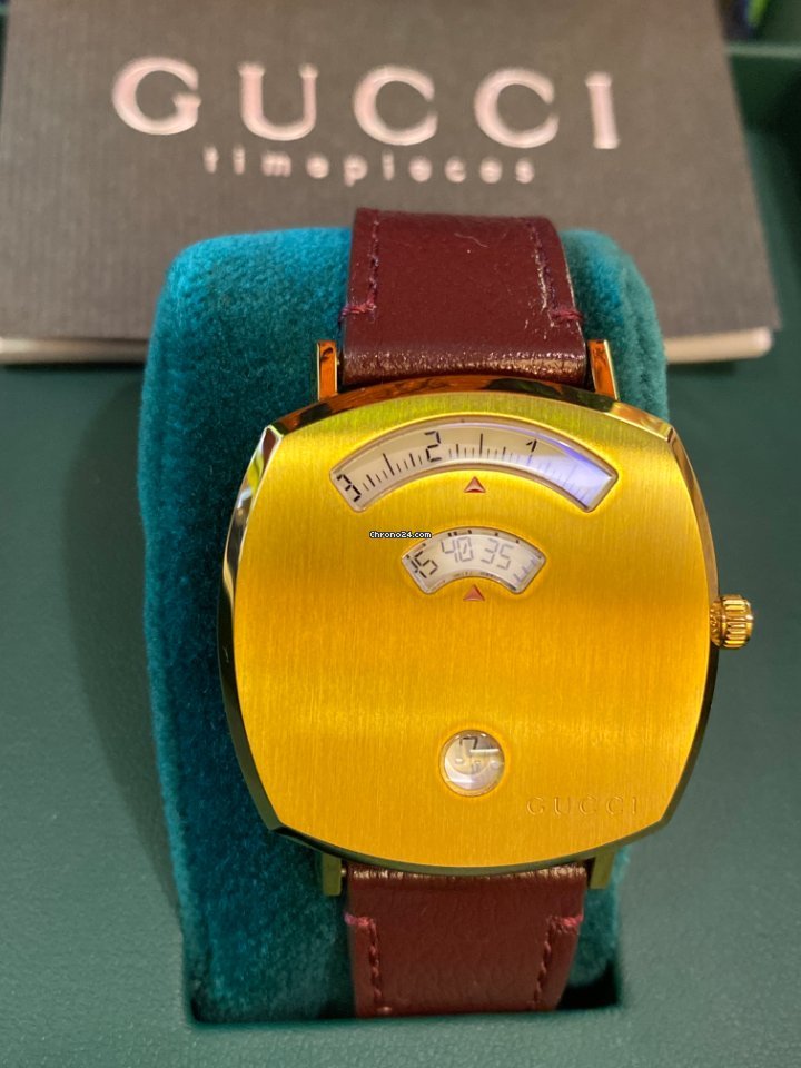 Gucci Grip Yellow Gold Dial Maroon Leather Strap Watch For Women - YA157405 Watches Gucci   