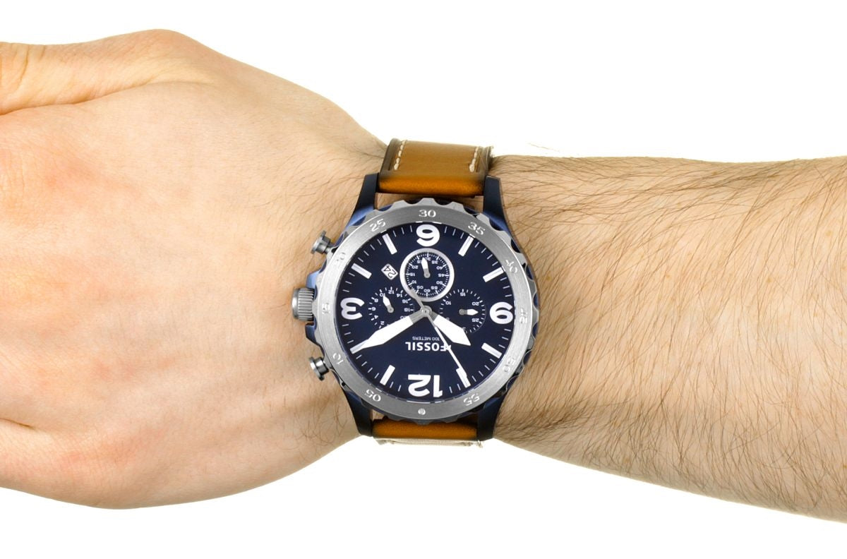 Fossil Nate Chronograph Navy Blue Dial Brown Leather Strap Watch for Men - JR1504 Watches Fossil   