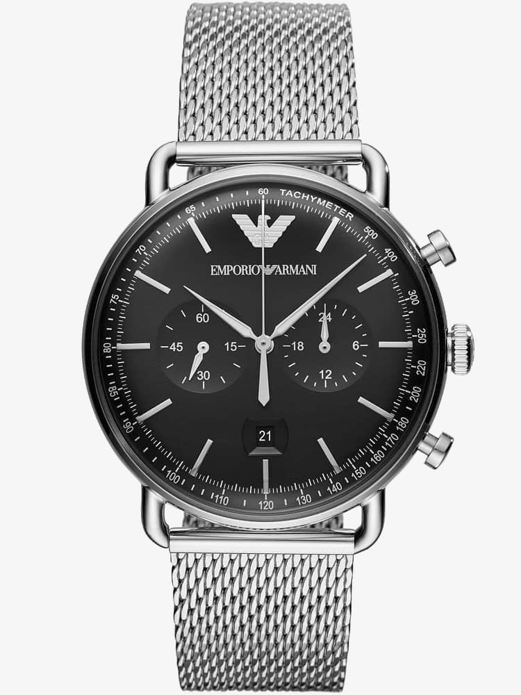 Emporio Armani Chronograph Black Dial Silver Mesh Bracelet Watch For Men - AR11104 Watches Emporio Armani   