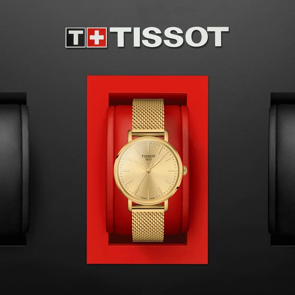 Tissot Everytime Lady Gold Dial Gold Plated Mesh Bracelet Watch for Women - T143.210.33.021.00 Watches Tissot   