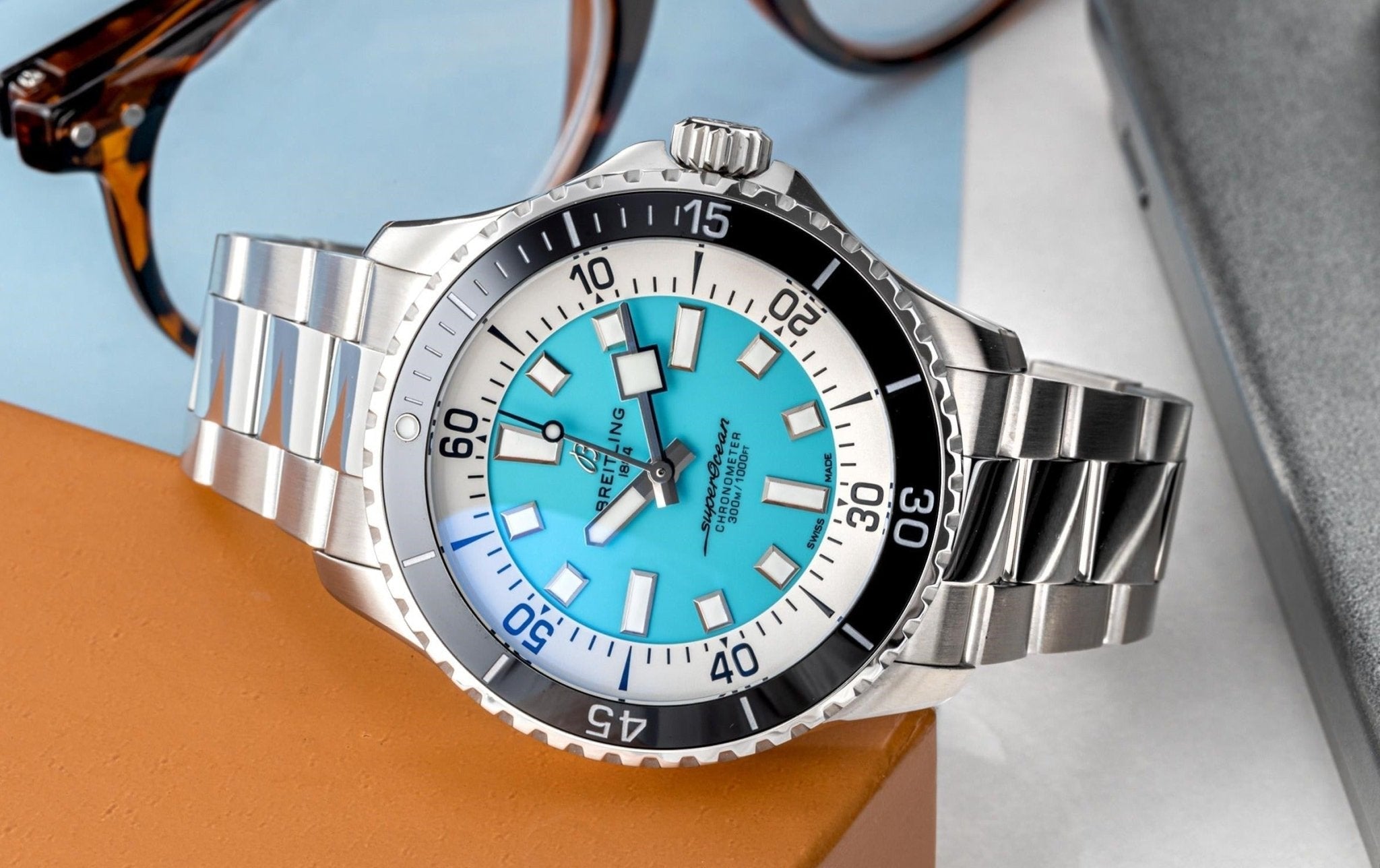 Breitling Superocean Automatic 44mm Turquoise Dial Silver Steel Strap Watch for Men - A17376211L2A1 Watches Breitling   