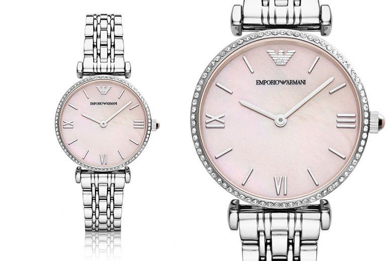 Emporio Armani Gianni T Bar Pink Mother of Pearl Dial Silver Stainless Steel Watch For Women - AR1779 Watches Emporio Armani   