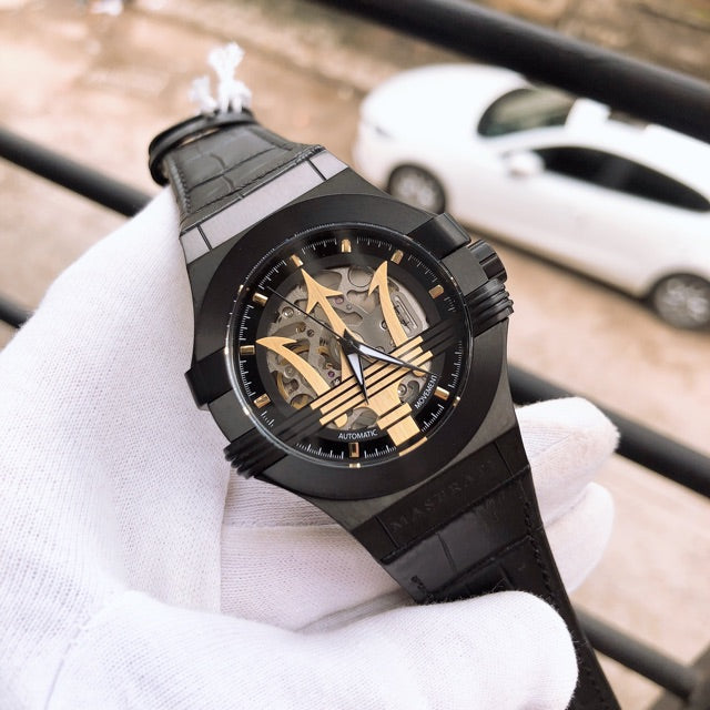 Maserati Potenza Skeleton Limited Edition Black Dial Black Leather Strap Watch For Men - R8821108027 Watches Maserati   