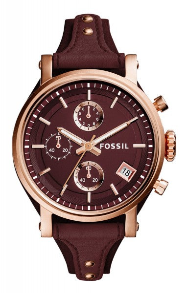 Fossil Original Boyfriend Sport Chronograph Maroon Dial Maroon Leather Strap Watch for Women - ES4114 Watches Fossil   