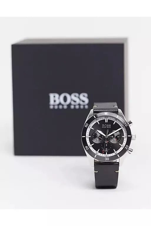 Hugo Boss Chronograph Black Dial Black Leather Strap Watch for Men - 1513864 Watches Hugo Boss   