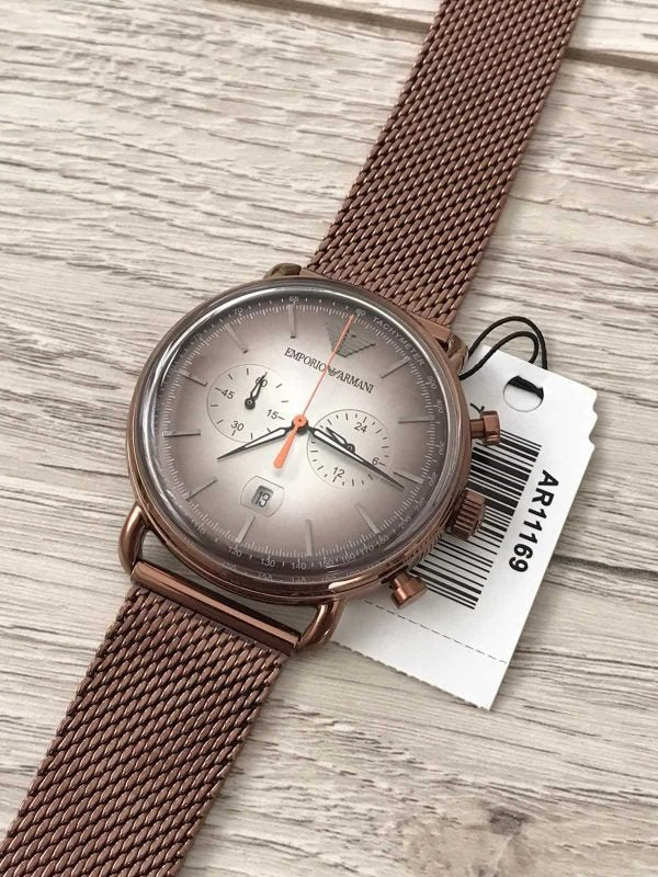 Emporio Armani Aviator Chronograph Grey Dial Brown Mesh Bracelet Watch For Men - AR11169 Watches Emporio Armani   