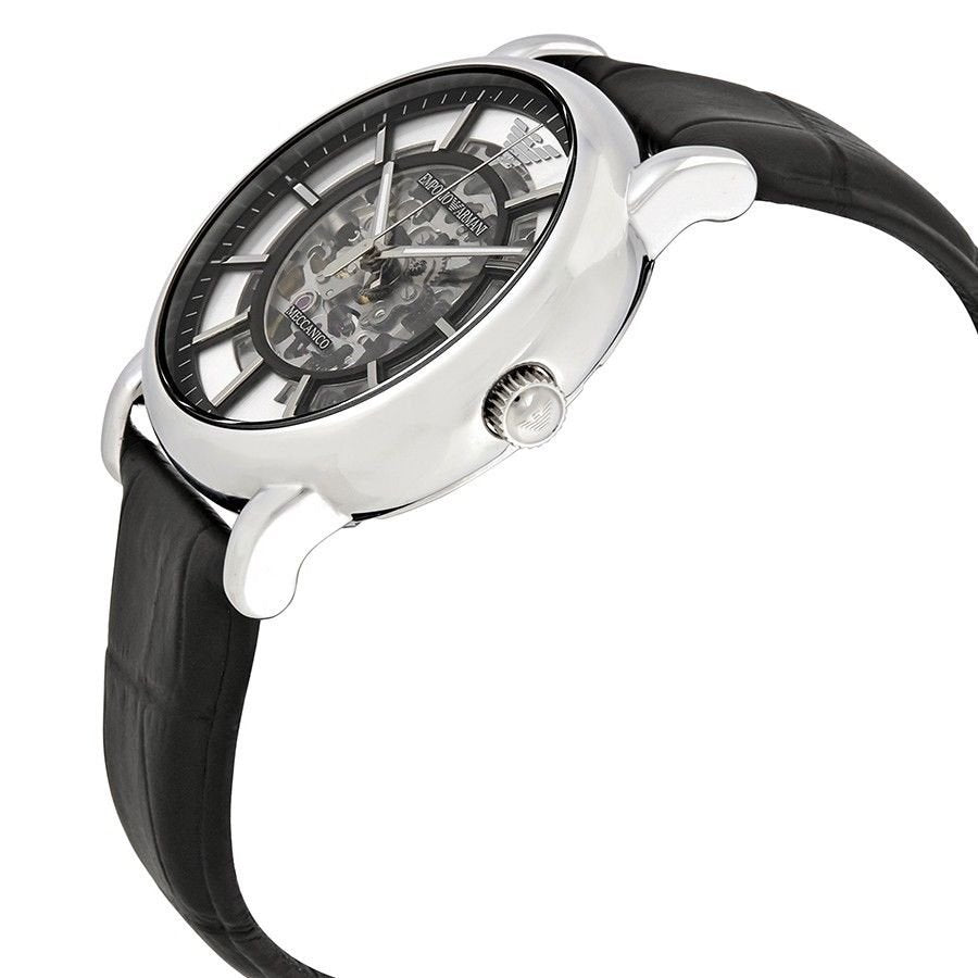 Emporio Armani Luigi Silver Skeleton Dial Black Leather Strap Watch For Men - AR1981 Watches Emporio Armani   