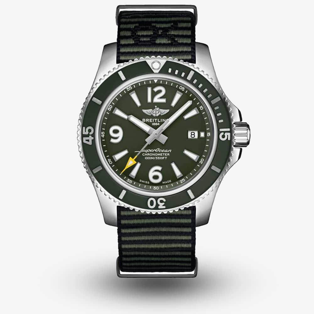 Breitling Superocean Automatic 44mm Outerknown Green Dial Green Nylon Strap Watch for Men - A17367A11L1W1 Watches Breitling   