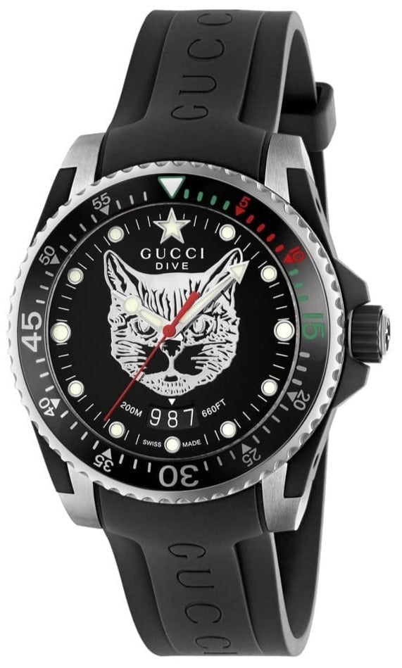 Gucci Dive Feline Black Dial Black Rubber Strap Watch For Men - YA136320 Watches Gucci   