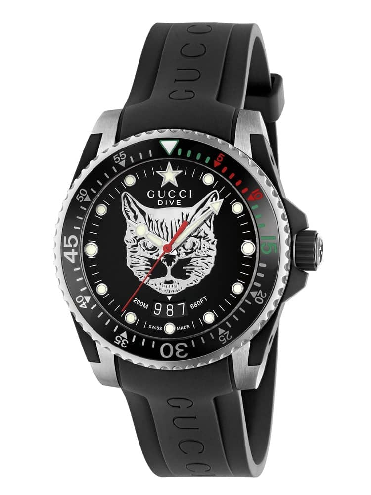 Gucci Dive Feline Black Dial Black Rubber Strap Watch For Men - YA136323 Watches Gucci   