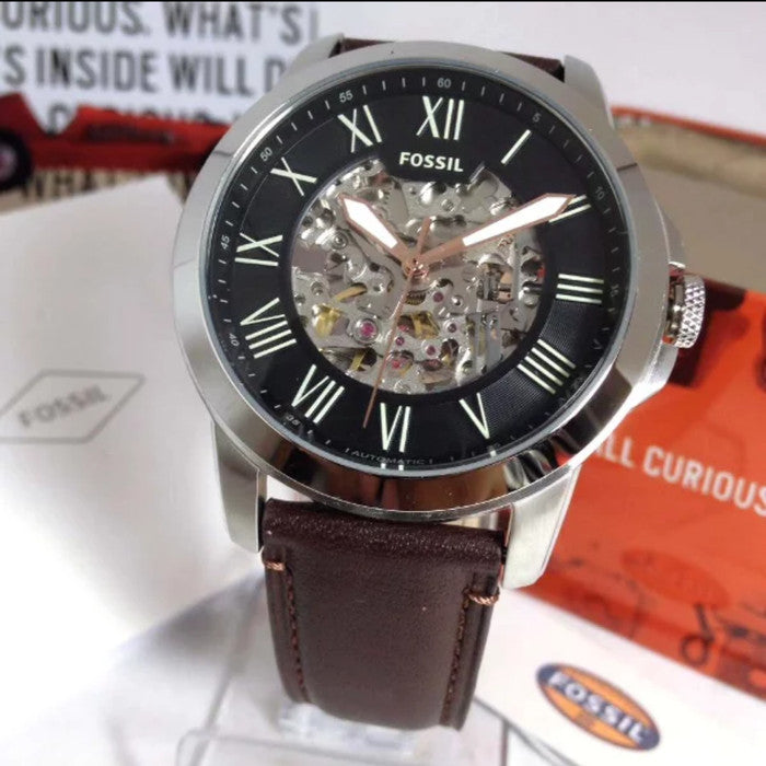 Fossil Grant Automatic Skeleton Black Dial Brown Leather Strap Watch for Men - ME3100 Watches Fossil   