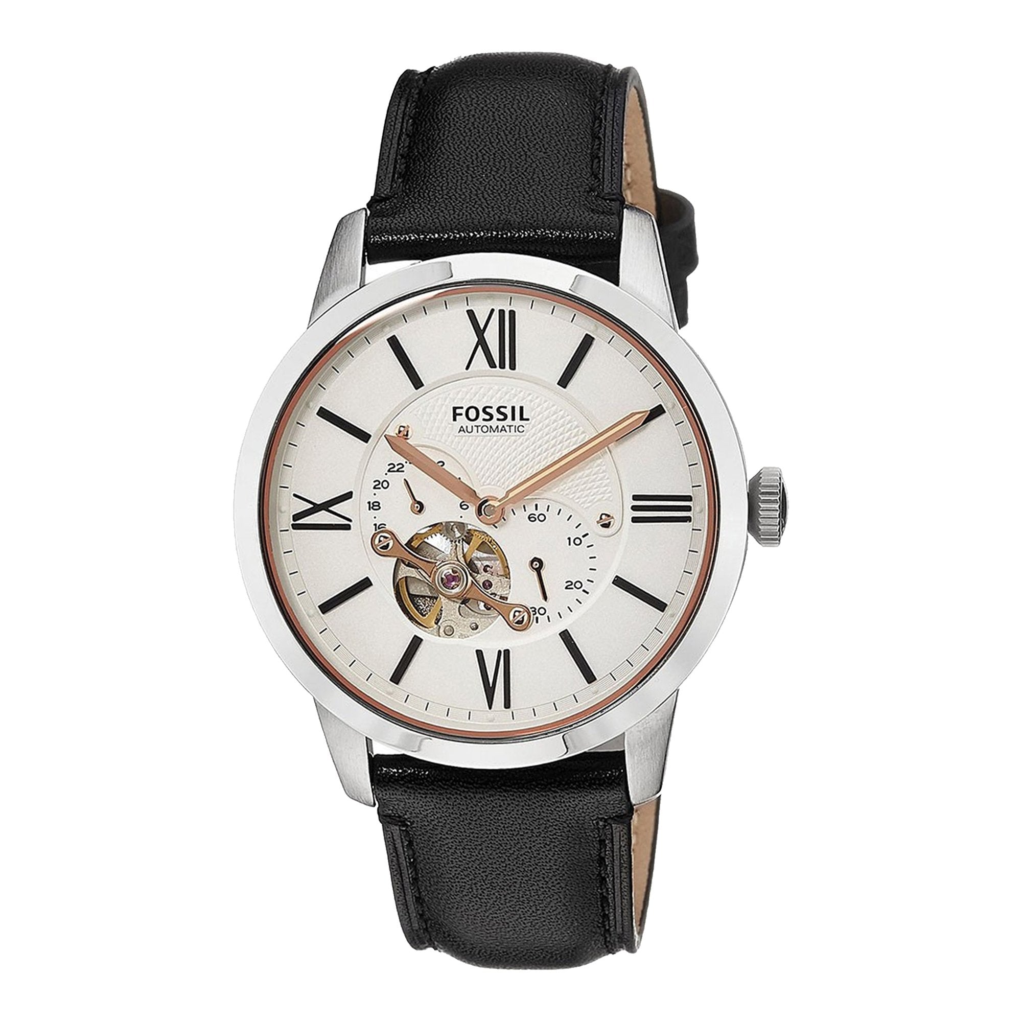 Fossil Townsman Automatic White Dial Black Leather Strap Watch for Men - ME3104 Watches Fossil   