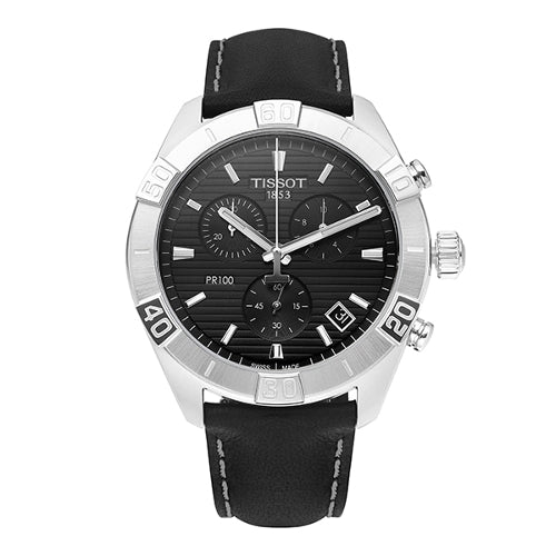 Tissot PR 100 Sport Quartz Chronograph Black Dial Black Leather Strap Watch For Men - T101.617.16.051.00 Watches Tissot   