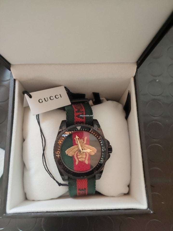 Gucci Dive Green & Red Dial Green & Red Nylon Strap Watch For Men - YA136216 Watches Gucci   