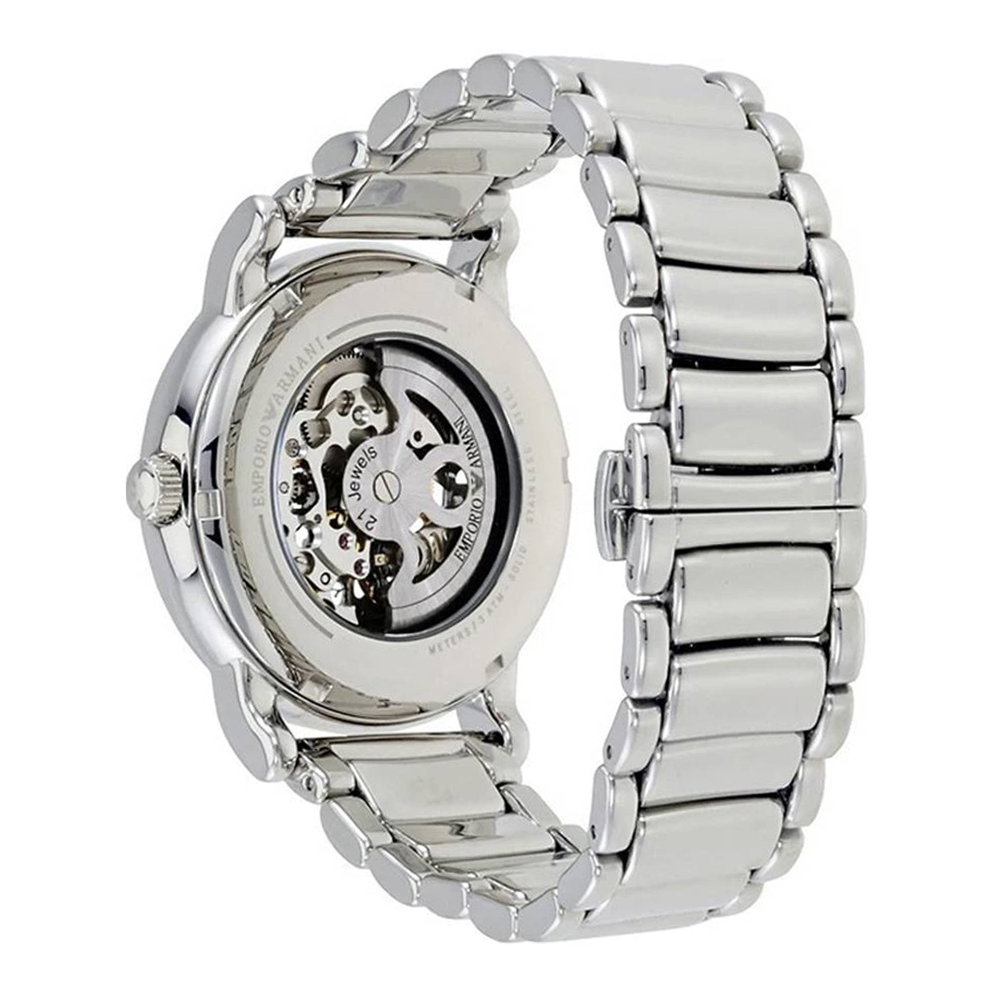 Emporio Armani Meccanico Silver Skeleton Dial Stainless Steel Watch For Men - AR1980 Watches Emporio Armani   