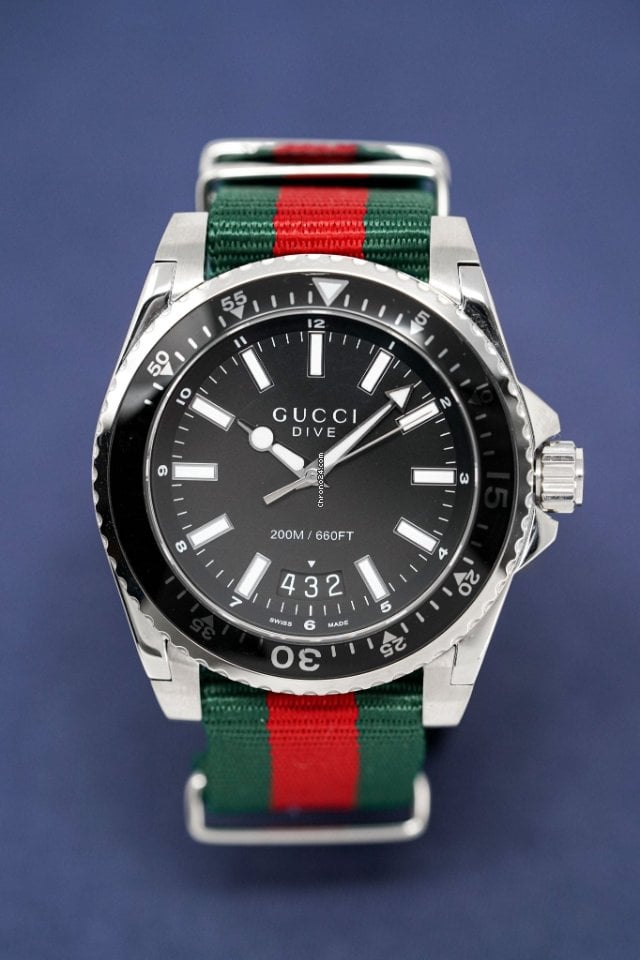 Gucci Dive Black Dial Green & Red Nylon Strap Watch For Men - YA136206 Watches Gucci   