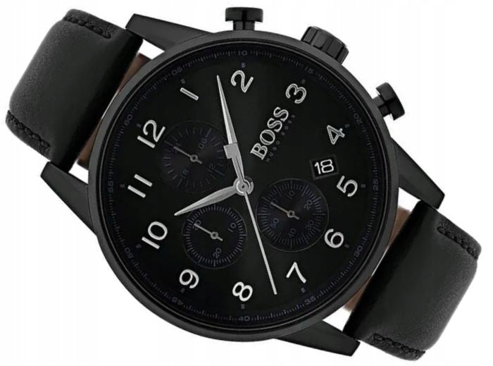 Hugo Boss Navigator Black Dial Black Leather Strap Watch for Men - 1513497 Watches Hugo Boss   