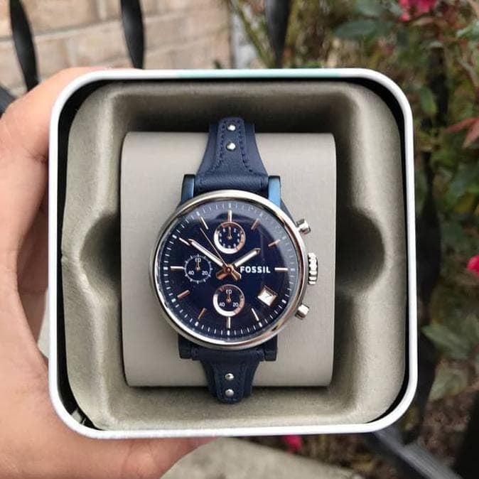 Fossil Boyfriend Sport Chronograph Blue Dial Blue Leather Strap Watch for Women - ES4113 Watches Fossil   