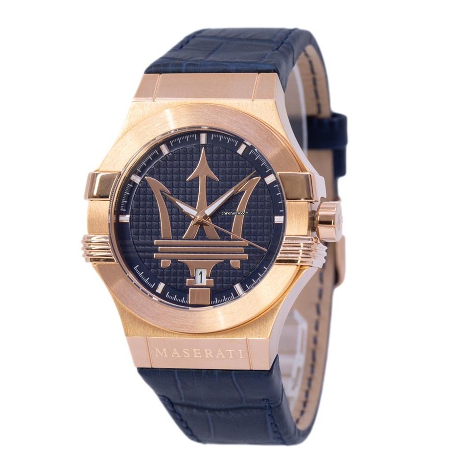 Maserati Potenza 42mm Rose Gold & Blue Dial Blue Leather Strap Watch For Men - R8851108027 Watches Maserati   