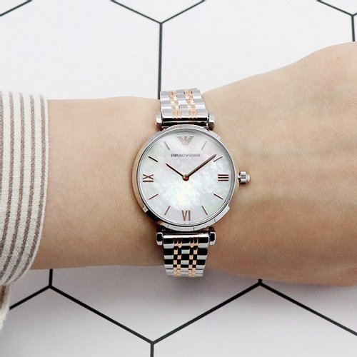 Emporio Armani Gianni T-Bar Mother of Pearl Dial Two Tone Stainless Steel Watch For Women - AR1987 Watches Emporio Armani   