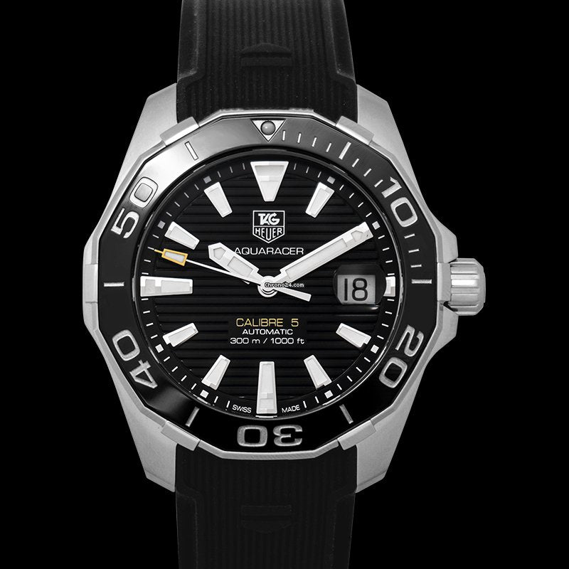 Tag Heuer Aquaracer Calibre 5 Automatic 41mm Black Dial Black Rubber Strap Watch for Men -  WAY211A.FT6151 Watches Tag Heuer   