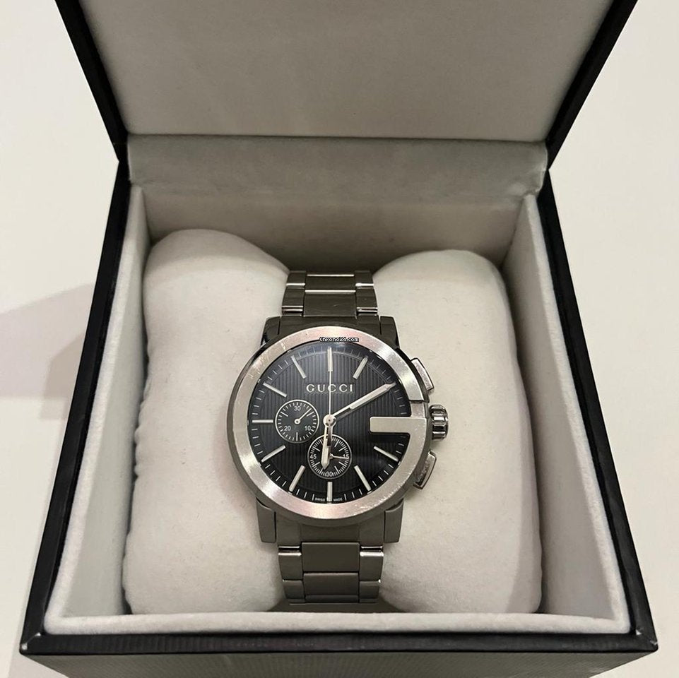 Gucci G Chrono Black Dial Silver Steel Strap Watch For Men - YA101204 Watches Gucci   