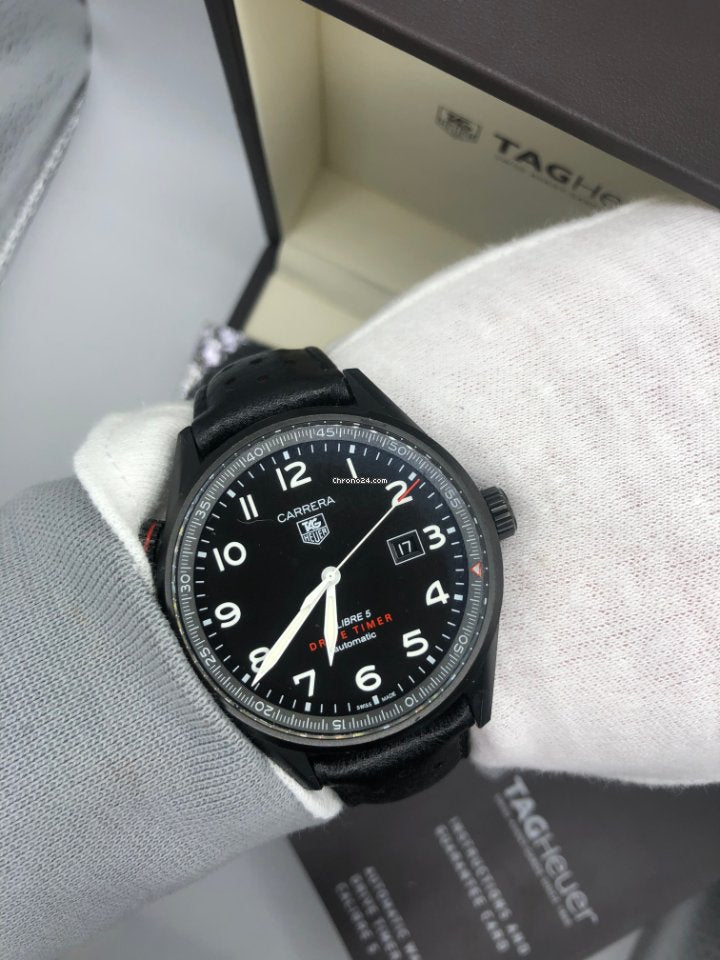 Tag Heuer Carrera Calibre 5 Drive Timer Black Dial Black Leather Strap Watch for Men - WAR2A80.FC6337 Watches Tag Heuer   