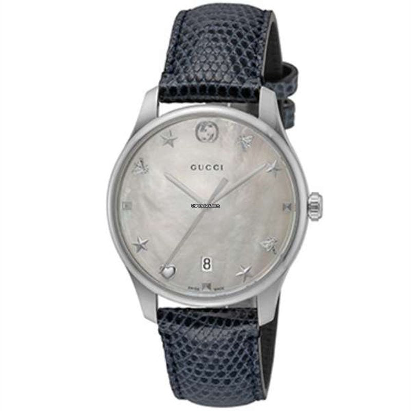 Gucci G-Timeless Signature Mother of Pearl Silver Dial Blue Leather Strap Watch For Women - YA1264049 Watches Gucci   