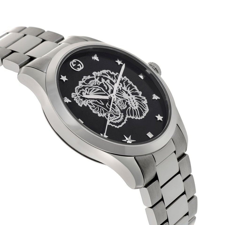 Gucci G Timeless Tiger Black Dial Silver Steel Strap Watch For Women - YA1264125 Watches Gucci   