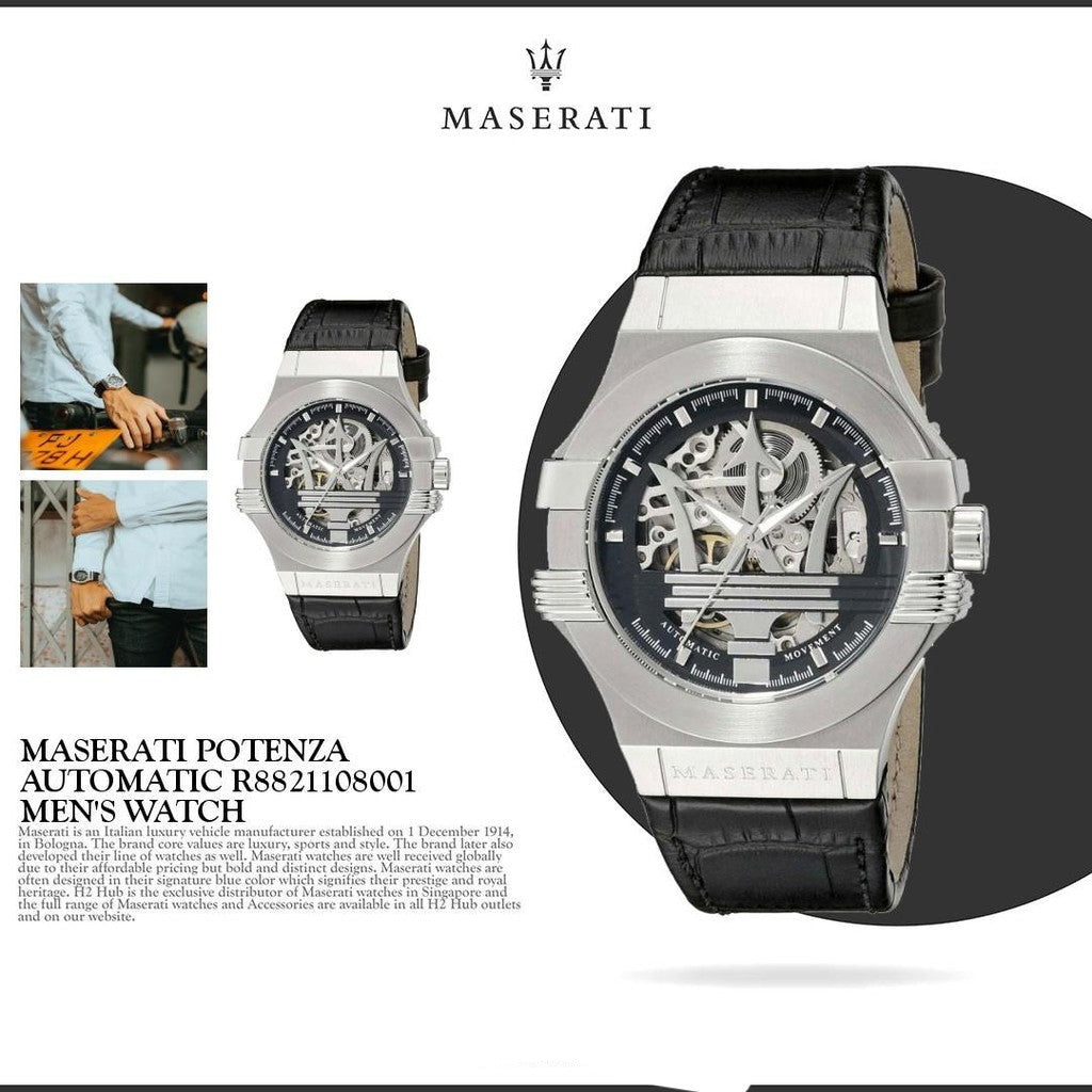 Maserati Potenza Automatic Black Dial Black Leather Strap Watch For Men - R8821108001 Watches Maserati   