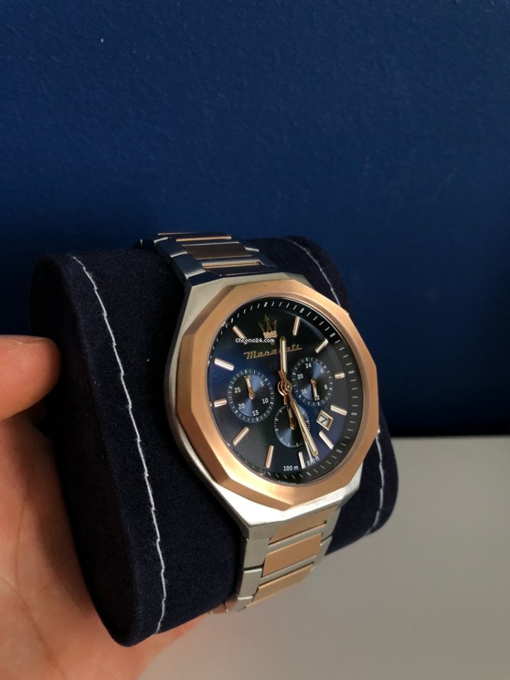 Maserati Stile Chronograph Blue Dial Rose Gold Two Tone Strap Watch For Men - R8873642002 Watches Maserati   