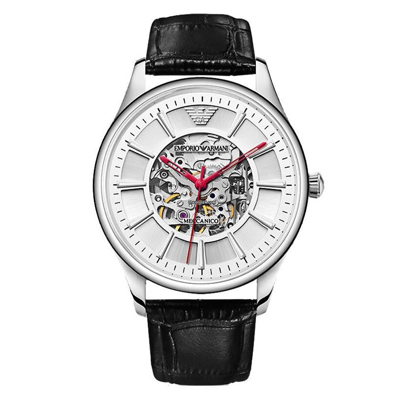 Emporio Armani Meccanico Silver Skeleton Dial Black Leather Strap Watch For Men - AR2072 Watches Emporio Armani   