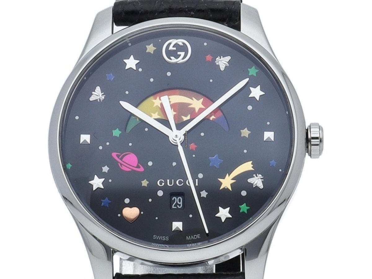 Gucci G-Timeless Moonphase Black Dial Black Leather Strap Watch For Men - YA1264045 Watches Gucci   