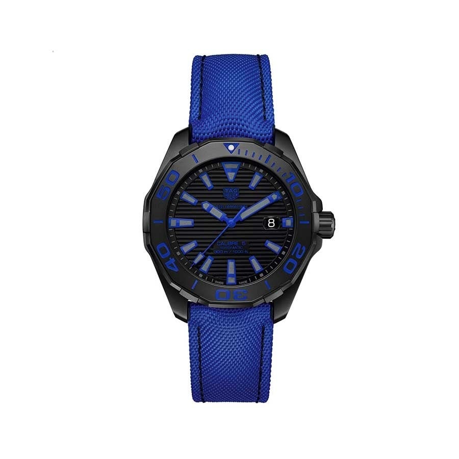 Tag Heuer Aquaracer Calibre 5 Automatic 43mm Titanium Blue Dial Blue Nylon Strap Watch for Gents - WAY208B.FC6382 Watches Tag Heuer   