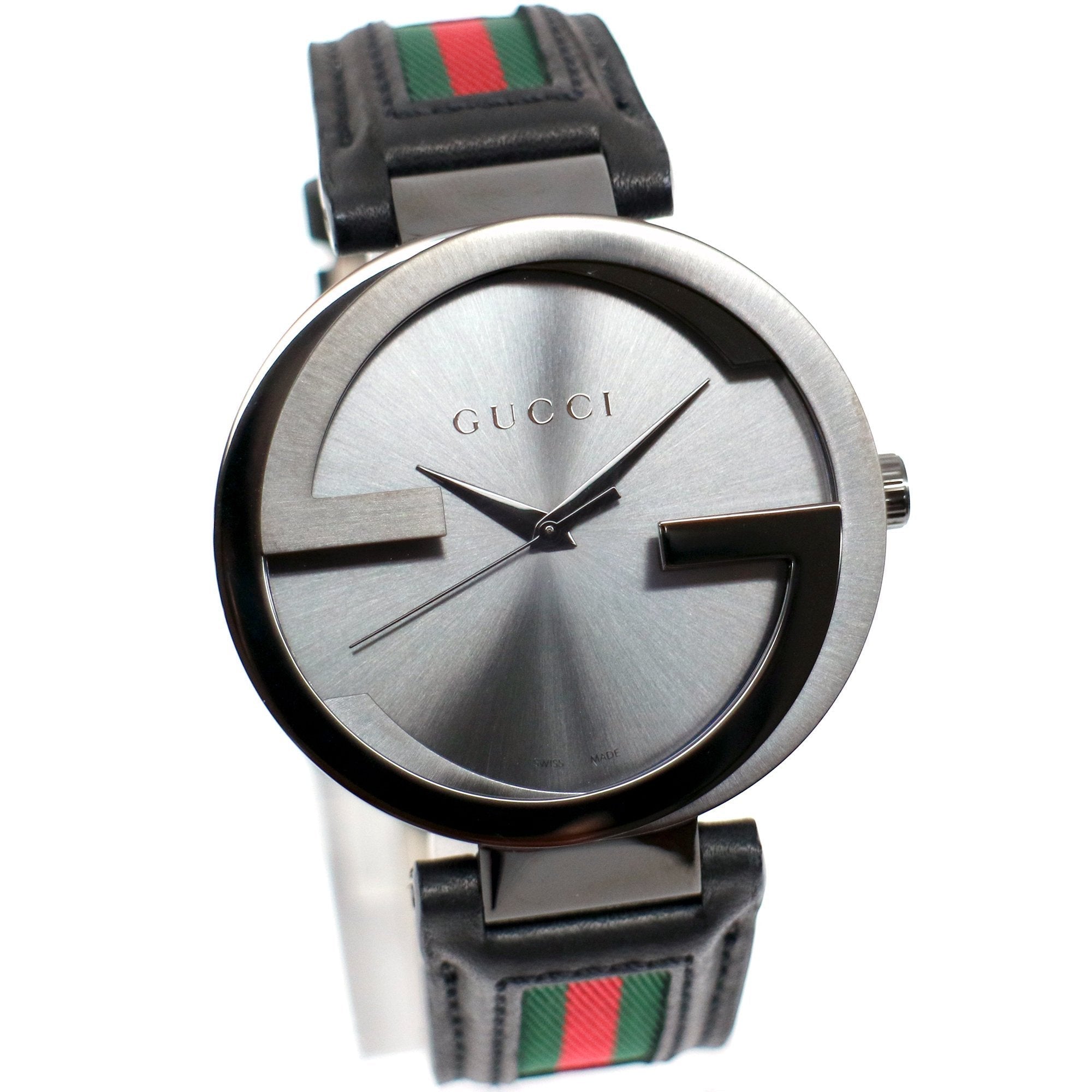 Gucci Interlocking XL Black Dial Red & Green Leather Strap Watch For Men - YA133206 Watches Gucci   