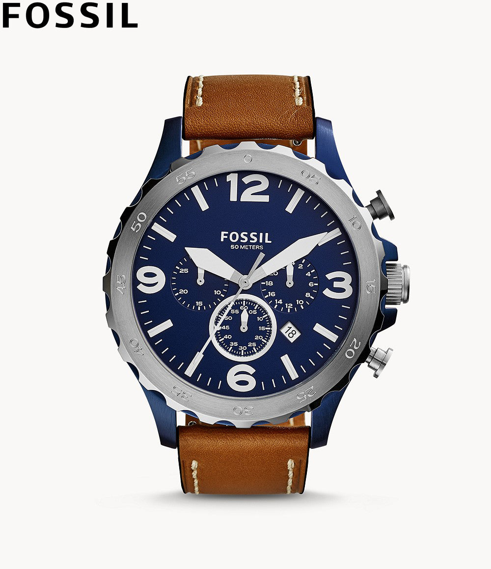 Fossil Nate Chronograph Navy Blue Dial Brown Leather Strap Watch for Men - JR1504 Watches Fossil   