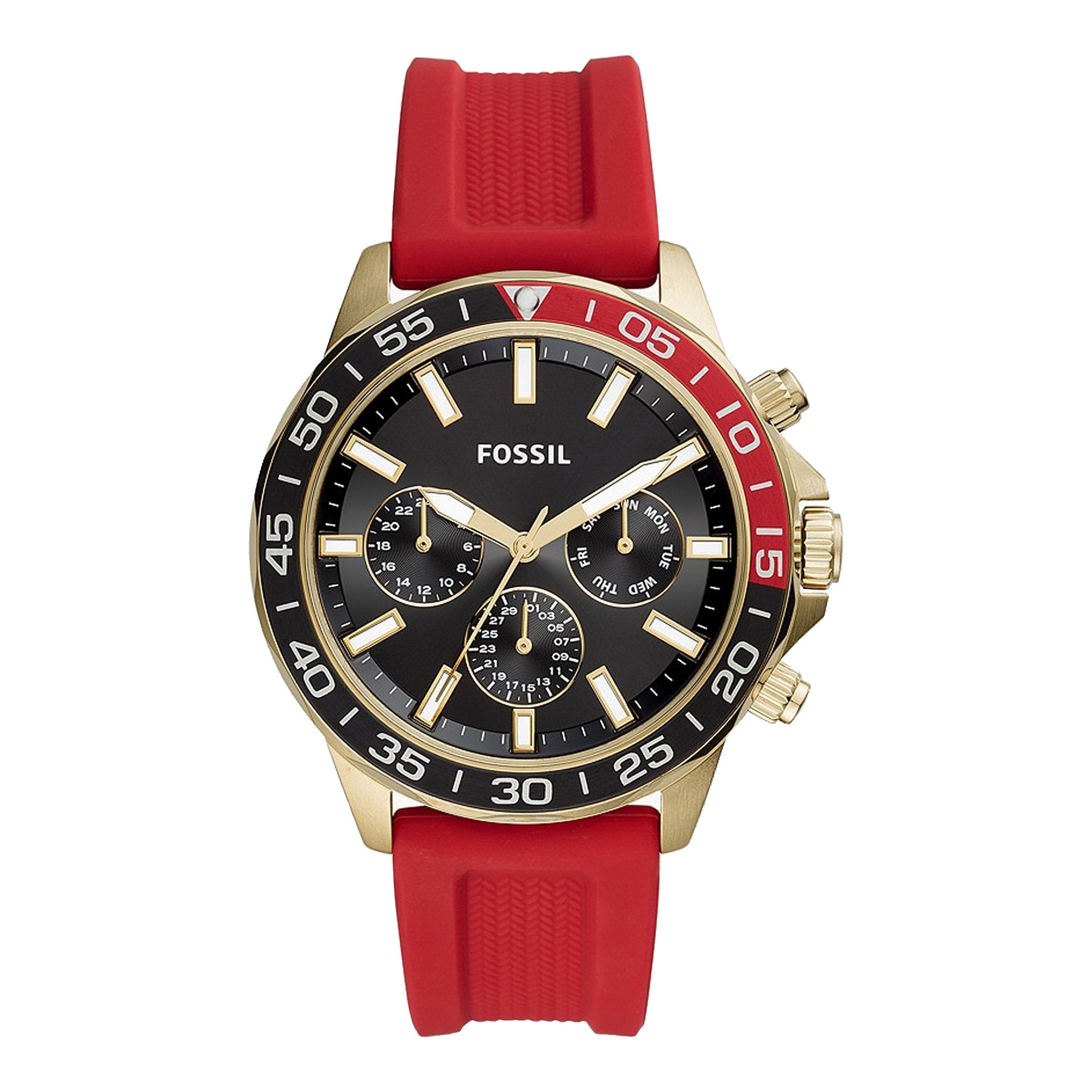 Fossil Bannon Multifunction Black Dial Red Silicone Strap Watch for Men - BQ2499 Watches Fossil   