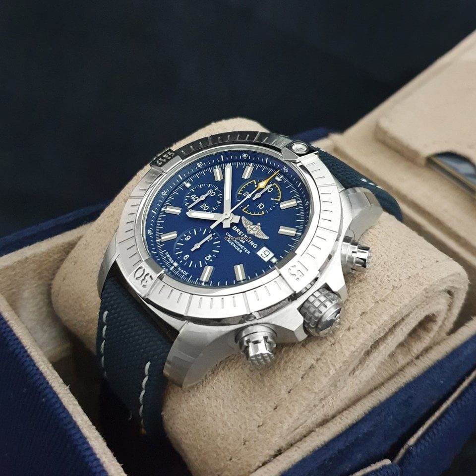 Breitling Avenger Chronograph 45mm Blue Dial Blue Calfskin Strap Watch for Men - A13317101C1X2 Watches Breitling   