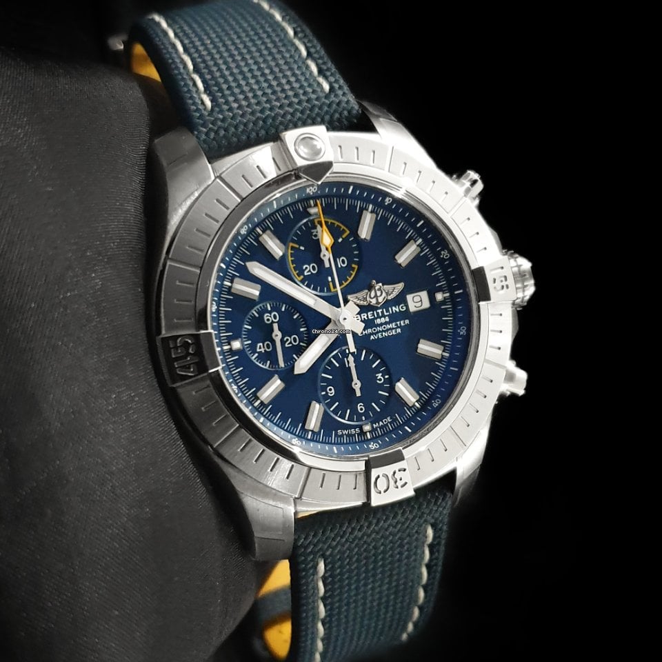 Breitling Avenger Chronograph 45mm Blue Dial Blue Calfskin Strap Watch for Men - A13317101C1X2 Watches Breitling   