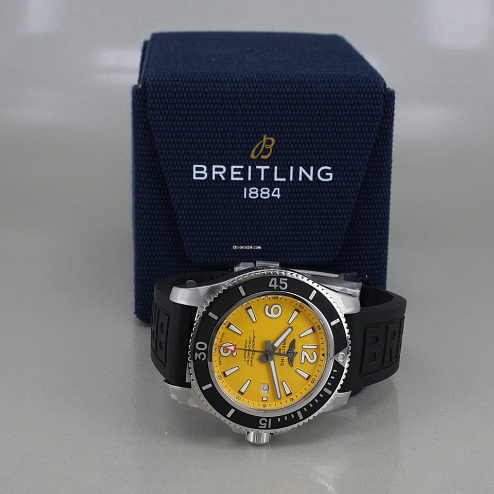 Breitling Superocean Automatic 44mm Yellow Dial Black Rubber Strap Watch for Men - A17367021I1S1 Watches Breitling   