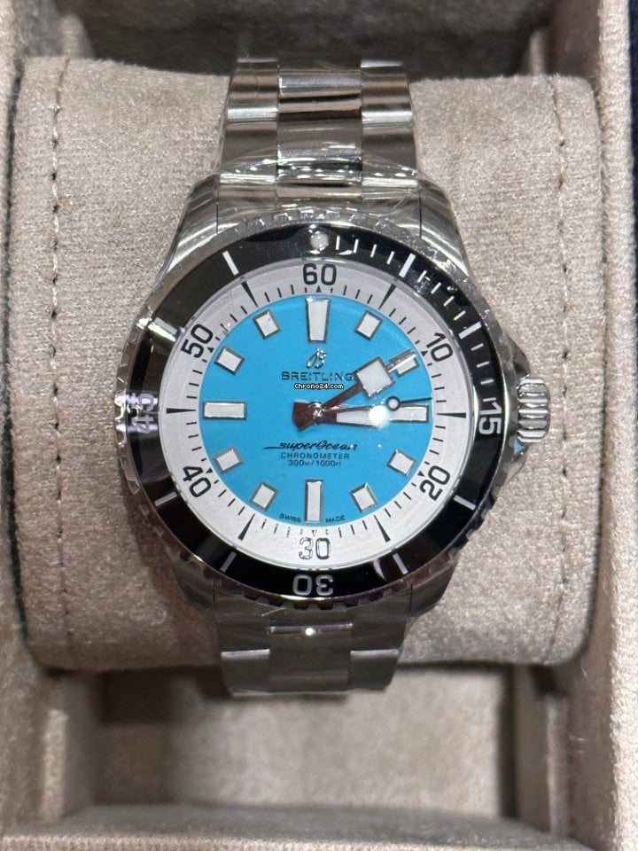 Breitling Superocean Automatic 44mm Turquoise Dial Silver Steel Strap Watch for Men - A17376211L2A1 Watches Breitling   