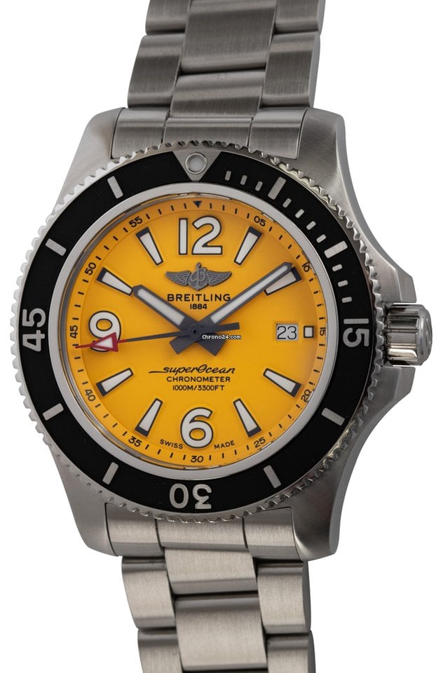 Breitling Superocean II Automatic 44mm Yellow Dial Silver Steel Strap Watch for Men - A17367021I1A1 Watches Breitling   