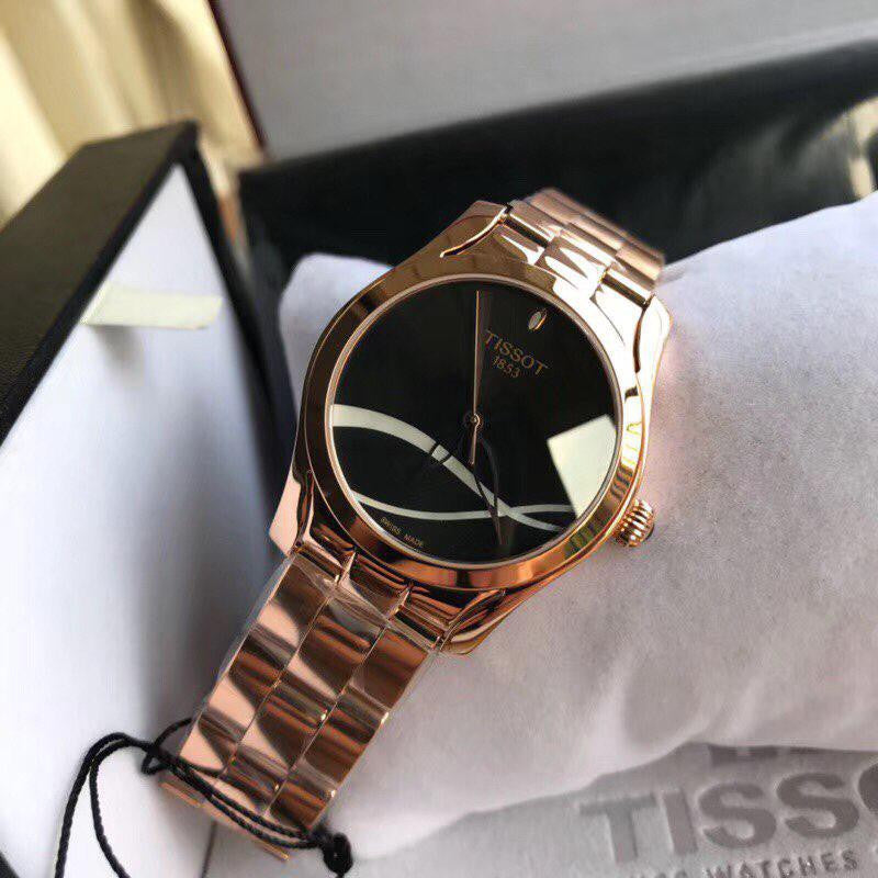 Tissot T Wave Black Dial Rose Gold Steel Strap Watch For Women - T112.210.33.051.00 Watches Tissot   