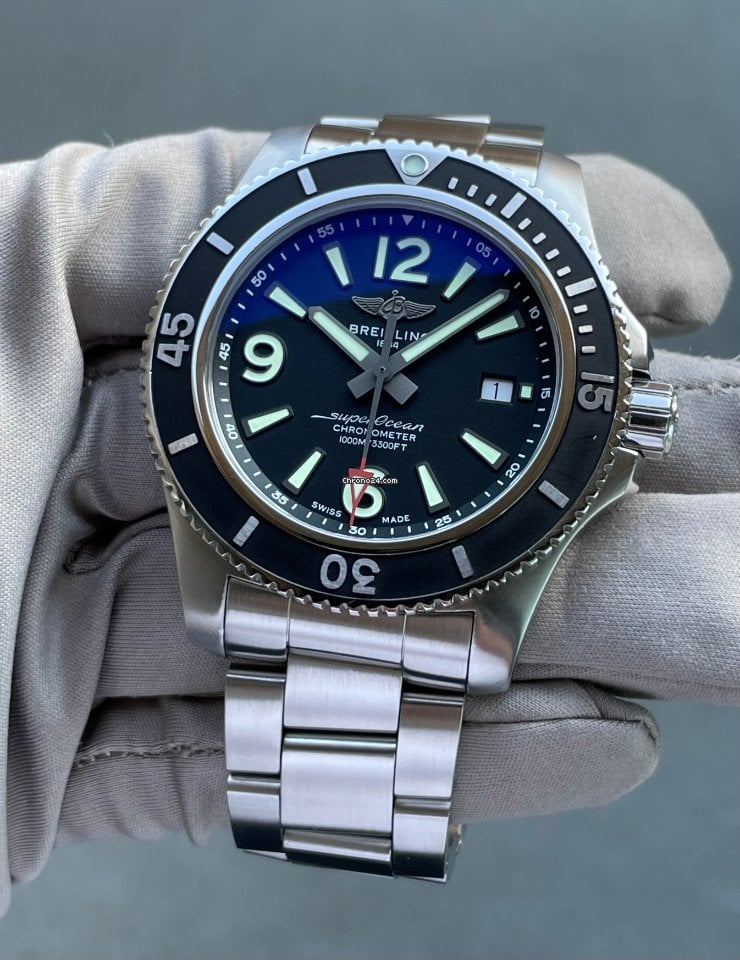 Breitling Superocean Automatic 44mm Black Dial Silver Steel Strap Watch for Men - A17367D71B1A1 Watches Breitling   