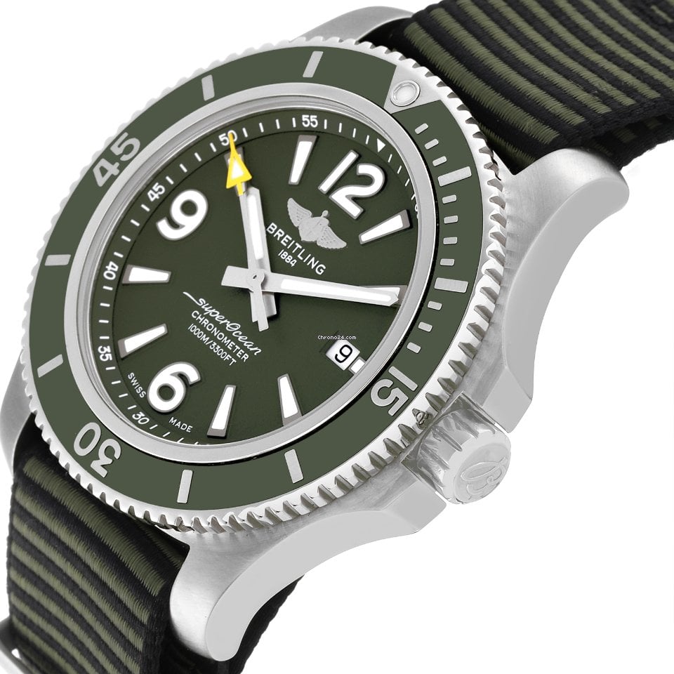 Breitling Superocean Automatic 44mm Outerknown Green Dial Green Nylon Strap Watch for Men - A17367A11L1W1 Watches Breitling   
