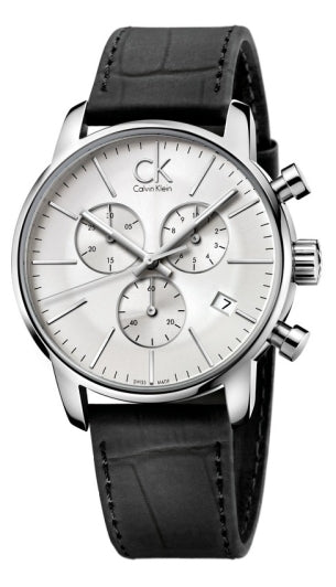 Calvin Klein City Chronograph Silver Dial Black Leather Strap Watch for Men - K2G271C6 Watches Calvin Klein   