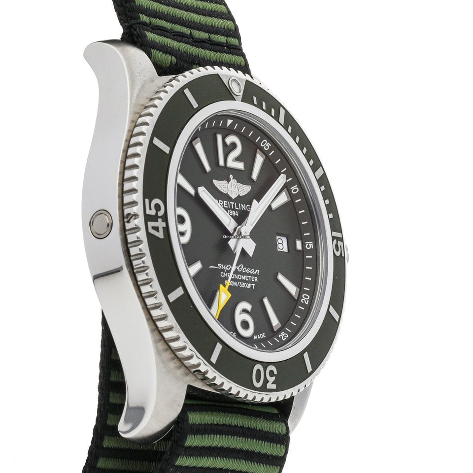 Breitling Superocean Automatic 44mm Outerknown Green Dial Green Nylon Strap Watch for Men - A17367A11L1W1 Watches Breitling   