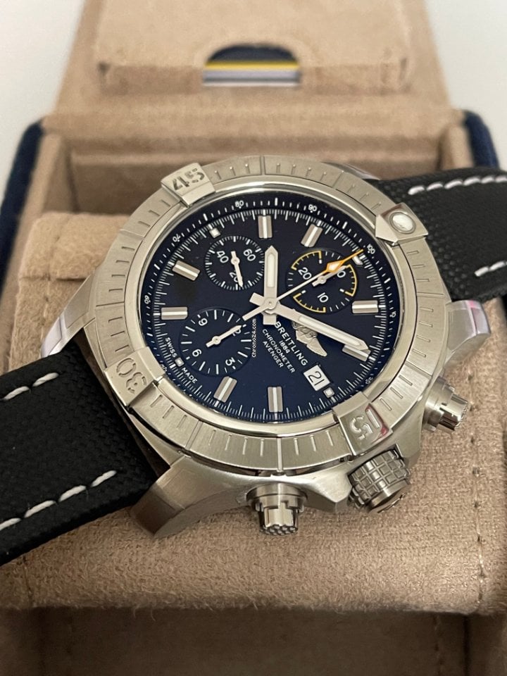 Breitling Avenger Chronograph 45mm Black Dial Black Leather Strap Watch for Men - A13317101B1X1 Watches Breitling   